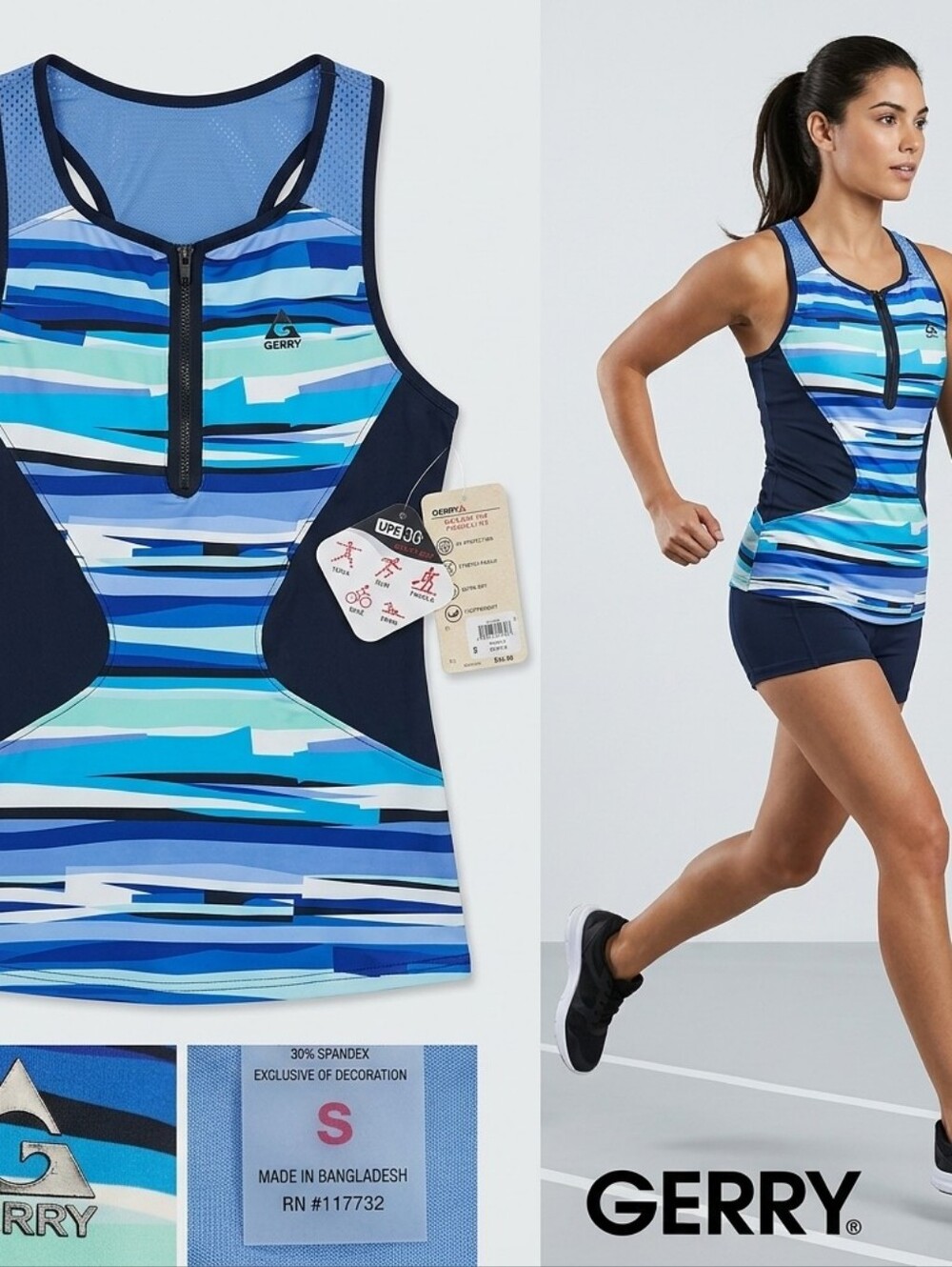 ​Gerry Blue Stripe Athletic Running Tank Top UPF 30 Quick Dry Size S NWT